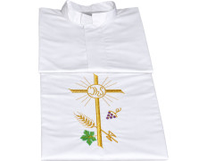Alba branco com Cruz, IHS, espigas e uvas bordadas
