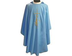 Adicionar ao carrinho Casula de poliéster bordada com ribetes dourados azul Casula de poliéster bordada com ribetes dourados azul