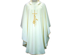 Adicionar ao carrinho Casula de poliéster bordada com ribetes dourados bege Casula de poliéster bordada com ribetes dourados bege