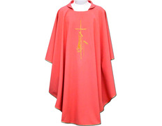 Adicionar ao carrinho Casula de poliéster bordada com ribetes dourados rosa Casula de poliéster bordada com ribetes dourados rosa