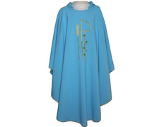 Adicionar ao carrinho Casulla de cor celeste com bordados litúrgicos Casulla de cor celeste com bordados litúrgicos