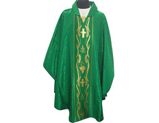 Adicionar ao carrinho Casulla damasco com galão central dourado verde Casulla damasco com galão central dourado verde