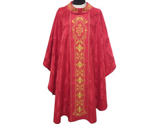 Casula e estola de tecido damasco bordada vermelho