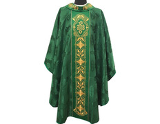 Adicionar ao carrinho Casula e estola de tecido damasco bordada verde Casula e estola de tecido damasco bordada verde