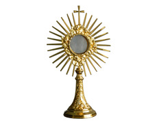 Adicionar ao carrinho Custodia em metal dourado com raios e Cruz Custodia em metal dourado com raios e Cruz