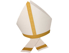 Mitra de tisú branco com fio dourado e galão cor ouro