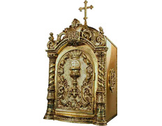 Sagrario com porta gravada com elementos litúrgicos