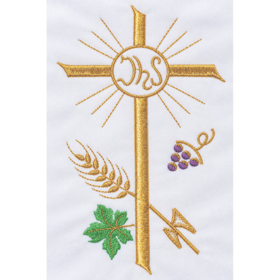 Alba branco com Cruz, IHS, espigas e uvas bordadas
