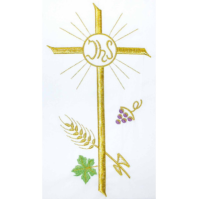 Alba branco com Cruz, IHS, espigas e uvas bordadas