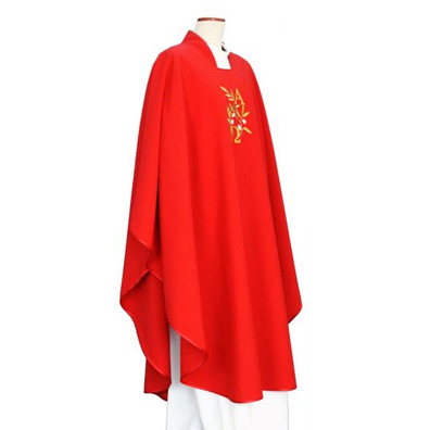 Casulla de poliéster com Alfa e Omega bordado vermelho