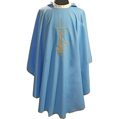 Casulla de poliéster bordada com ribetes dorados azul