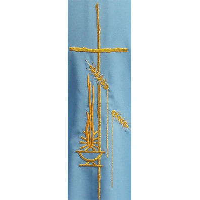 Casulla de poliéster bordada com ribetes dorados azul