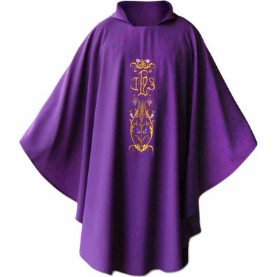 Casulla com bordado de IHS dourado roxo