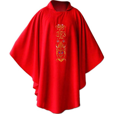 Casulla com bordado de IHS dourado vermelho