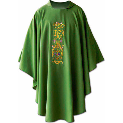 Casulla com bordado de IHS dourado verde