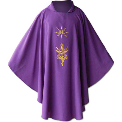 Casulla de poliéster e lana com IHS dorado roxo