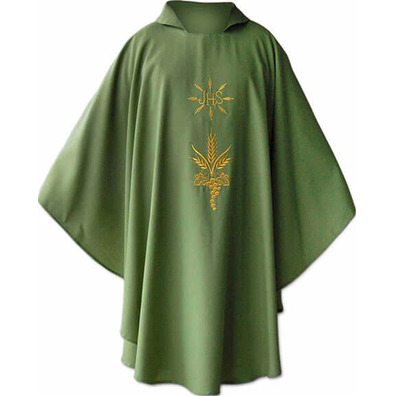 Casulla de poliéster e lana com IHS dourado verde