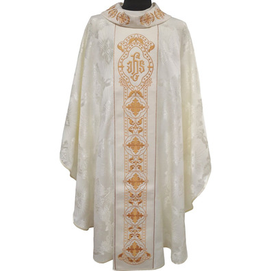Casulla e estola de tecido damasco bordada beige