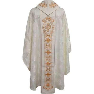 Casulla e estola de tecido damasco bordada beige