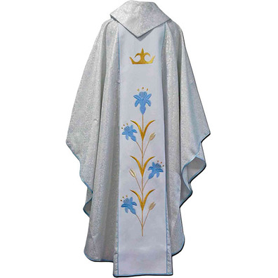Casulla mariana com estolon central bordado branco