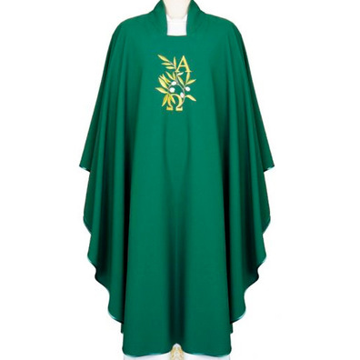 Casulla de poliéster com Alfa e Omega bordado verde