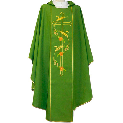 Casulla de poliéster com espigas e Cruz bordadas verde