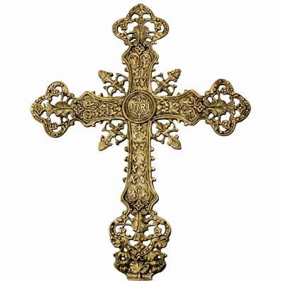 Cruz em bronze com INRI e elementos litúrgicos