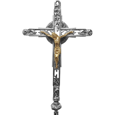 Cruz processional cromada com Cristo dourado