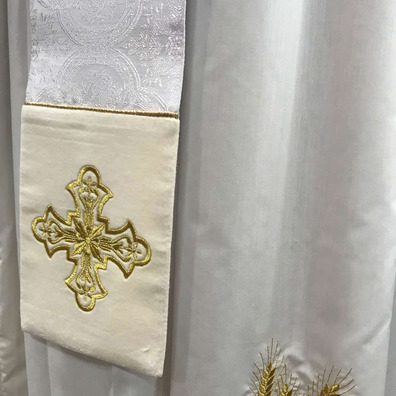 Estola de diácono de damasco e veludo branco