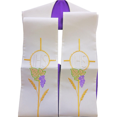 Estola litúrgica bordada com IHS | Reversível branco / roxo