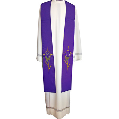 Estola litúrgica bordada com IHS | Reversível branco / roxo
