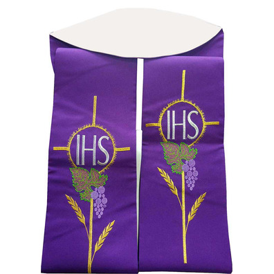Estola litúrgica bordada com IHS | Reversível branco / roxo
