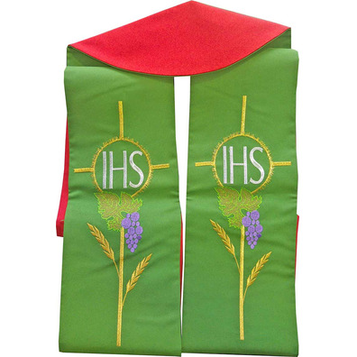 Estola litúrgica bordada com IHS | Reversível vermelho / verde