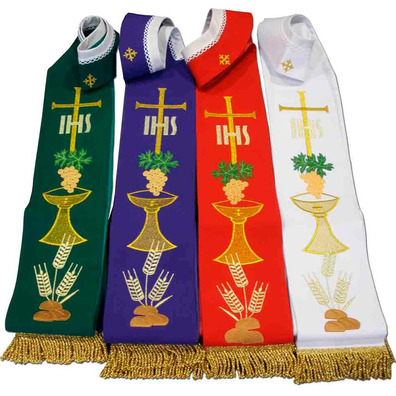 Estolon com bordados litúrgicos e fleco dourado