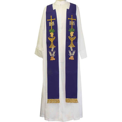 Estolon com bordados litúrgicos e fleco dourado roxo