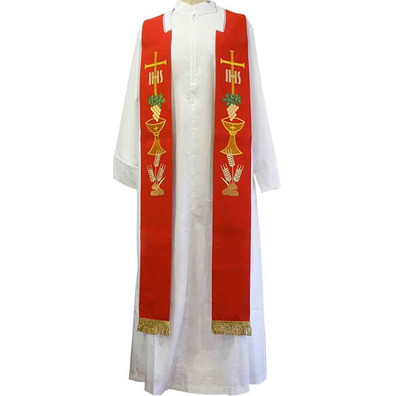 Estolon com bordados litúrgicos e fleco dourado vermelho
