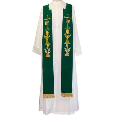 Estolon com bordados litúrgicos e fleco dourado verde