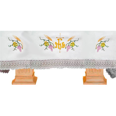 Mantel de altar com Cruz, IHS, espigas e uvas bordadas