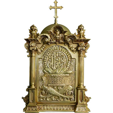 Sagrario de bronze com IHS e peixes