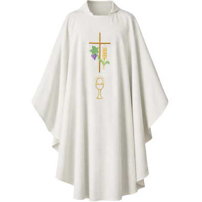 Casula bordada com Cruz, cáliz e espiga branco